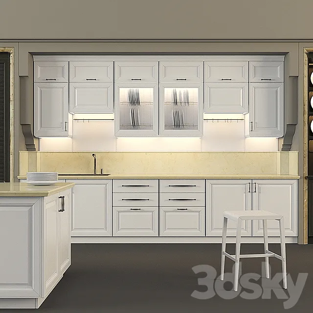 Kitchen classic furniture in a niche with island 3DSMax File