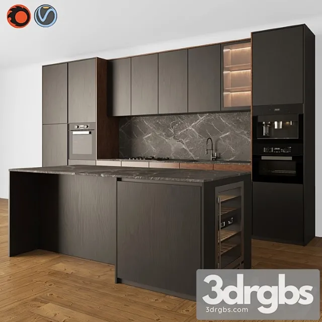 Kitchen modern 05 black & wood