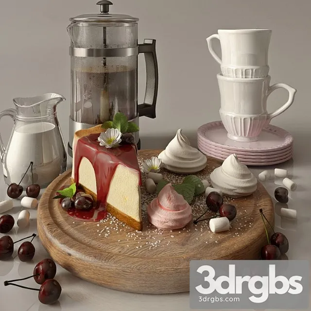 Kitchen set with cofee and cherry cheesecake 3dsmax Download