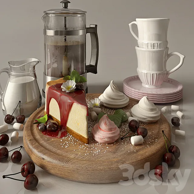 Kitchen set with cofee and cherry cheesecake 3ds Max