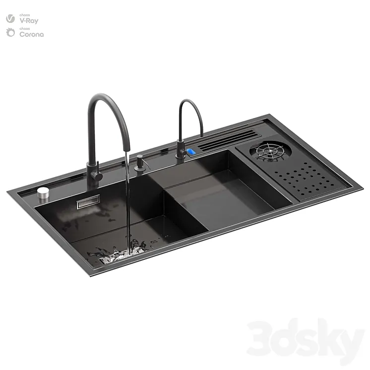 Kitchen Sink With High Pressure Cup Steel Black 3DS Max Model