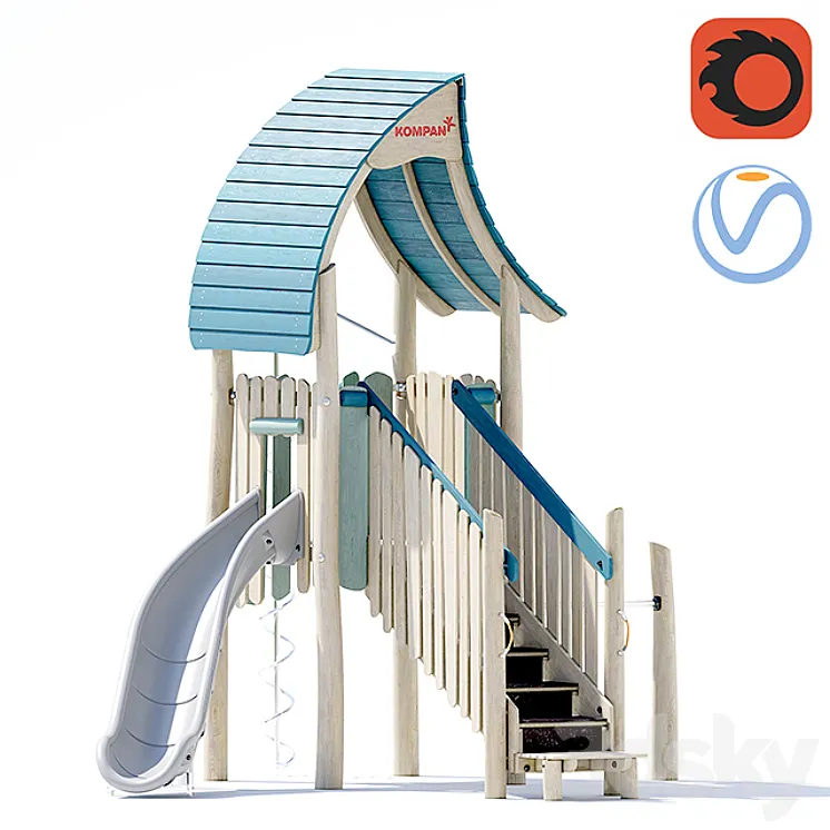 Kompan.Play tower with slide & curly climber. NRO1021 3DS Max