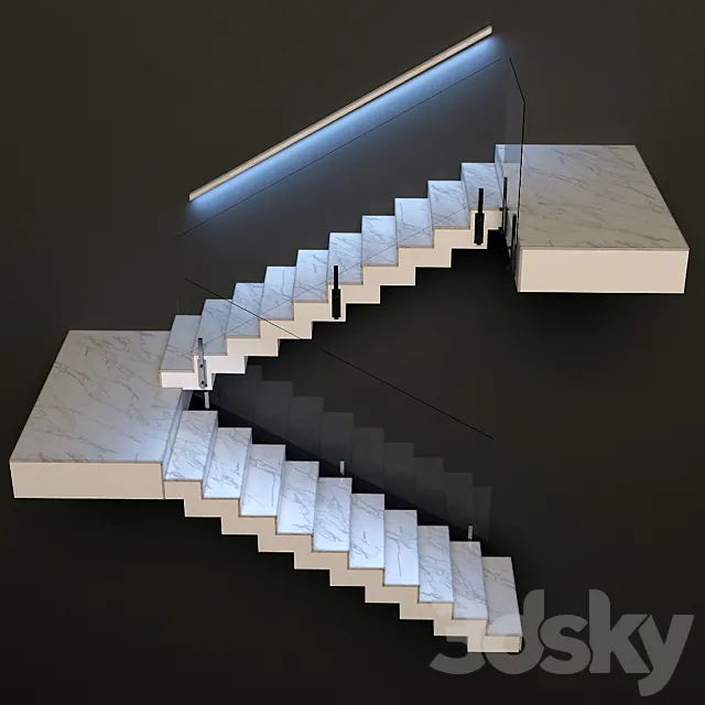 Ladder made of marble. glass and metal with built-in LED illuminated handrail 3DSMax File