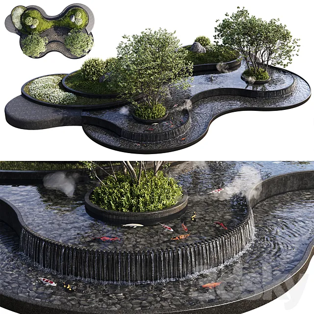 Landscaping Figure with Plants Waterfalls and Fish 1 3ds Max