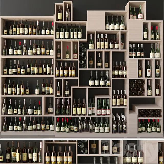 Large collection of wine in a wine shop. Alcohol 4 3ds Max