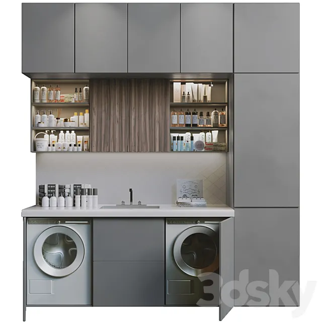 Laundry room in gray with cosmetics household appliances and bathroom accessories 8 3ds Max