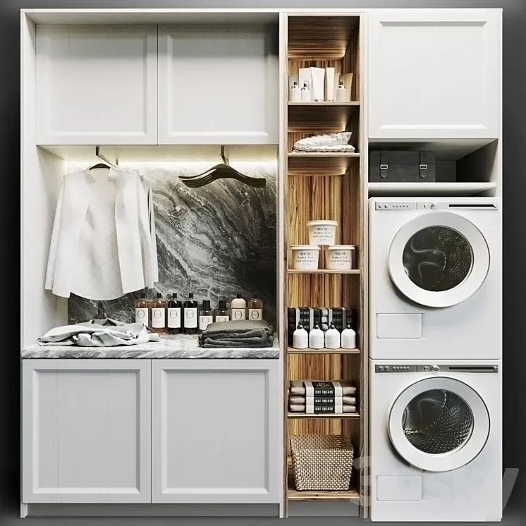 Laundry room in white with household appliances cosmetics and clothes 8 3DS Max
