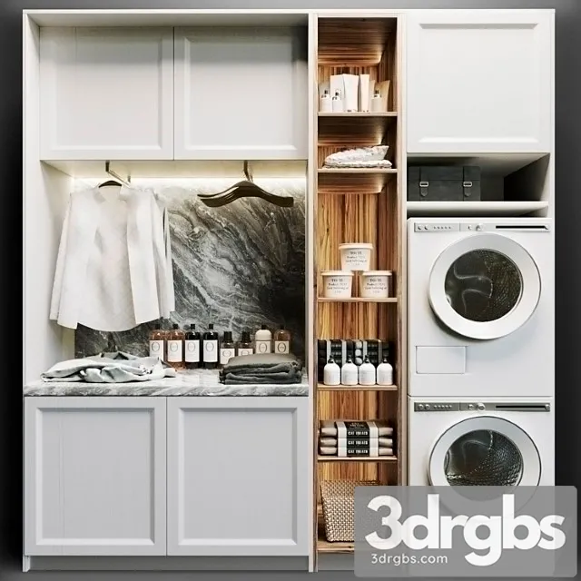 Laundry room in white with household appliances, cosmetics and clothes 8