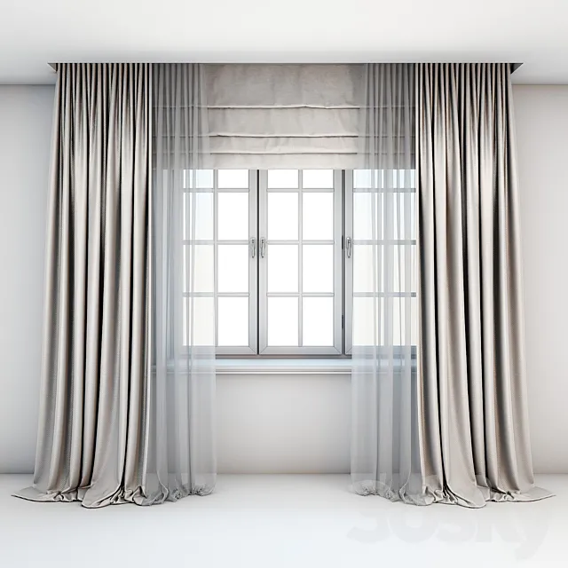 Light beige curtains in the floor with tulle decoration. Roman curtains and a window with layouts. 3DSMax File