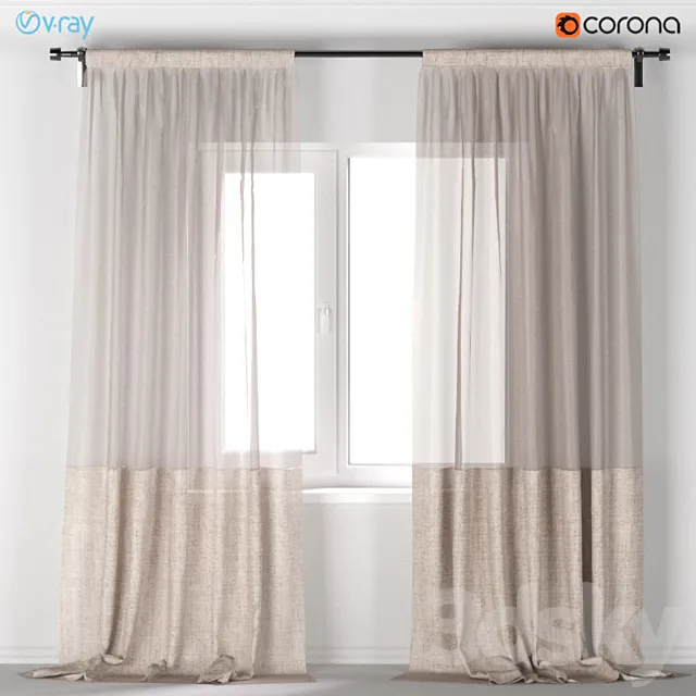 Light beige curtains of linen and tulle. 3ds Max