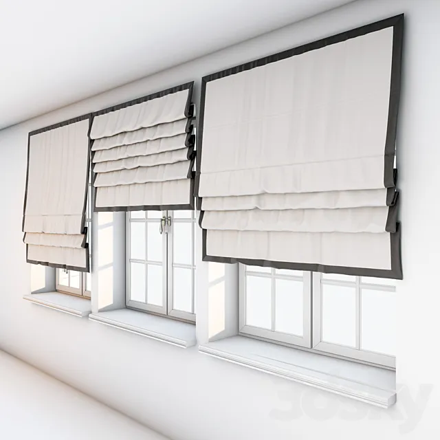 Light beige Roman curtains with a dark brown edge along the edge with a window. 3DSMax File