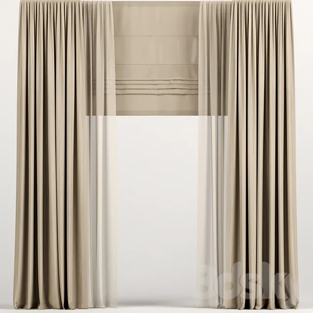 Light brown curtains with Roman and tulle. 3ds Max