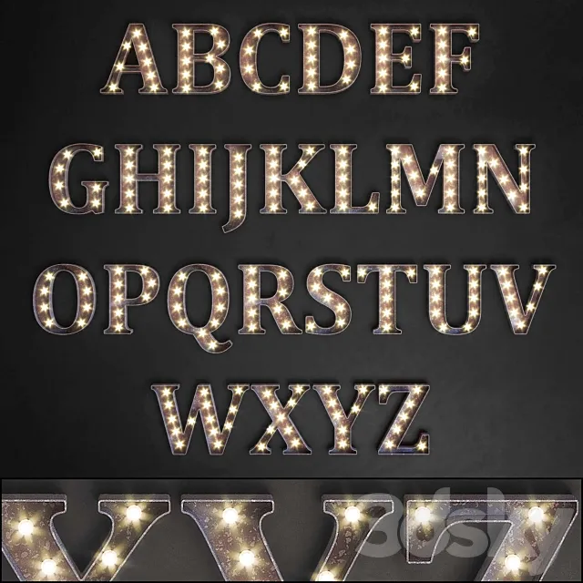 Lighted Metal sign. Set 13. Alphabet 3DSMax File