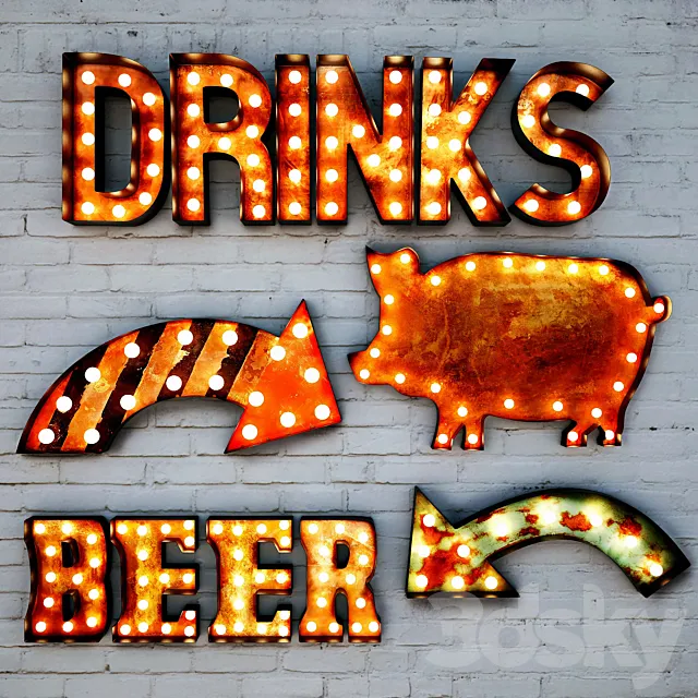 Lighted Metal sign. Set 3 3DSMax File