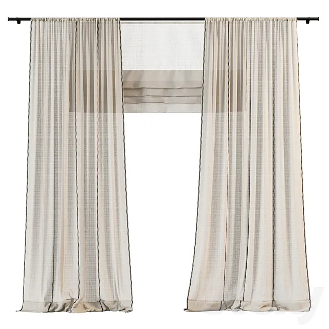 Linen curtains with contrast stitching 3ds Max