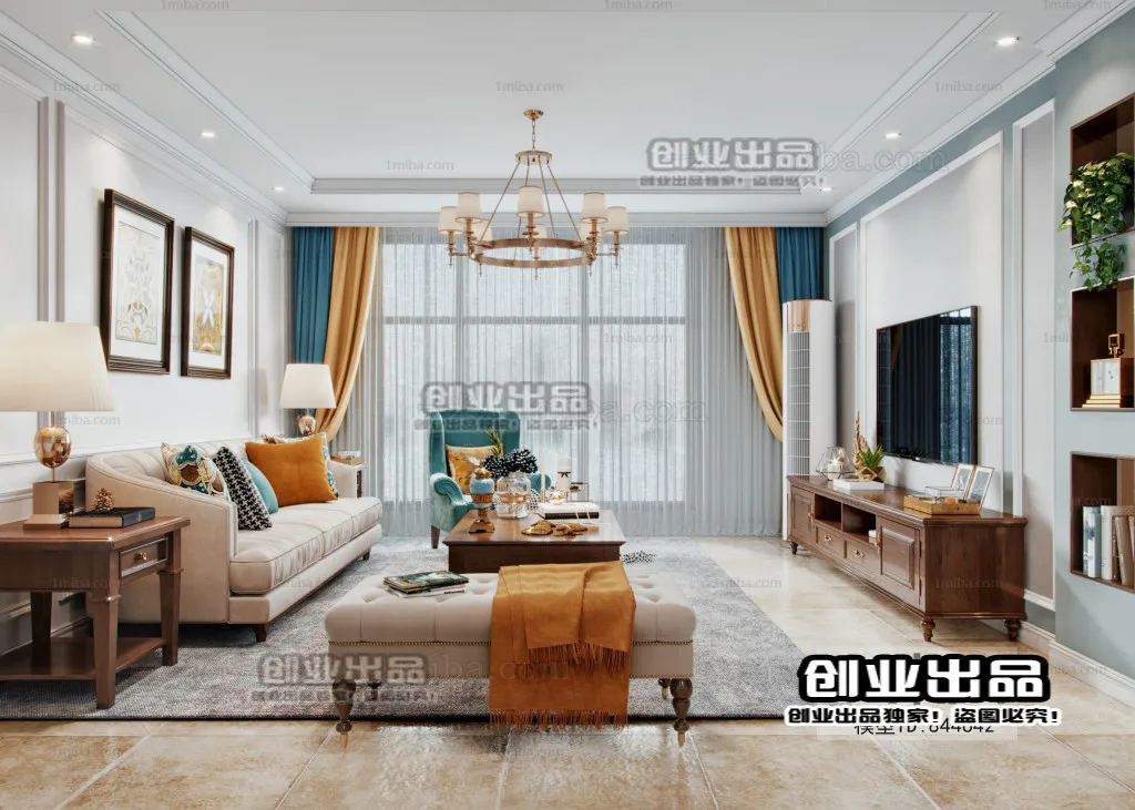 Living Room 3D Interior Scene – American Style – 002