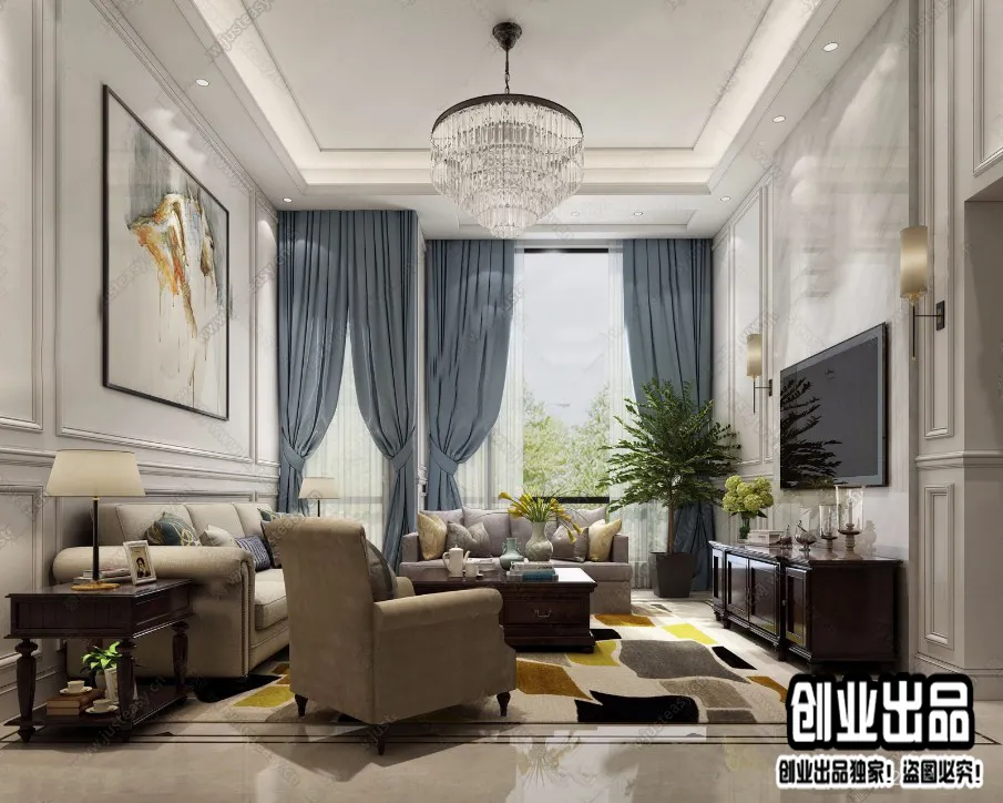 Living Room 3D Interior Scene – American Style – 014