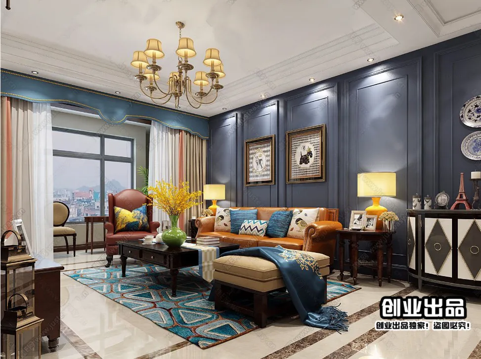 Living Room 3D Interior Scene – American Style – 015