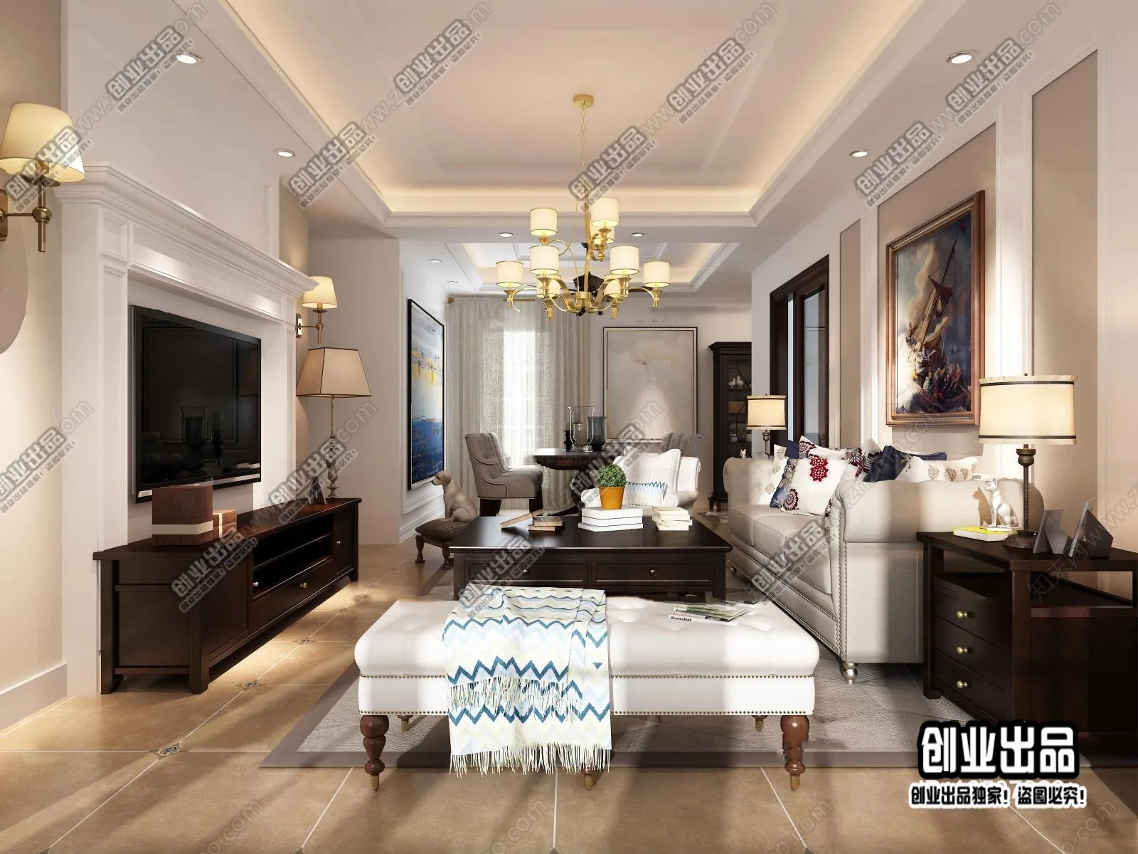 Living Room 3D Interior Scene – American Style – 017