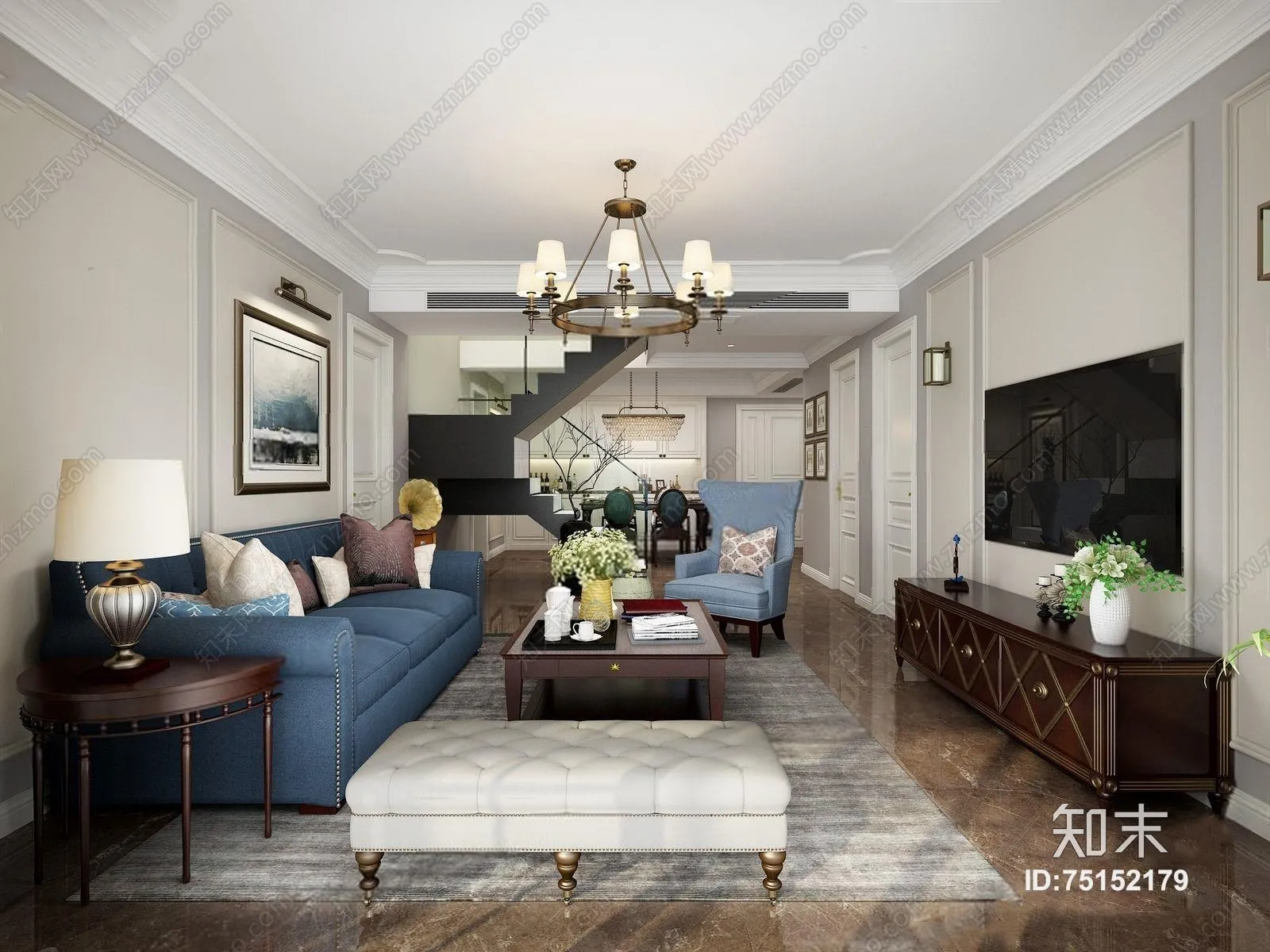 Living Room 3D Interior Scene – American Style – 037