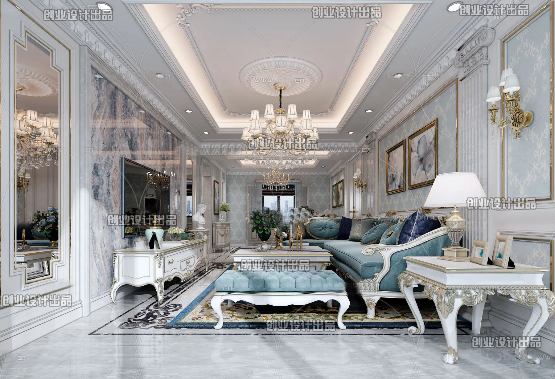 Living Room 3D Interior Scene – European Style – 005