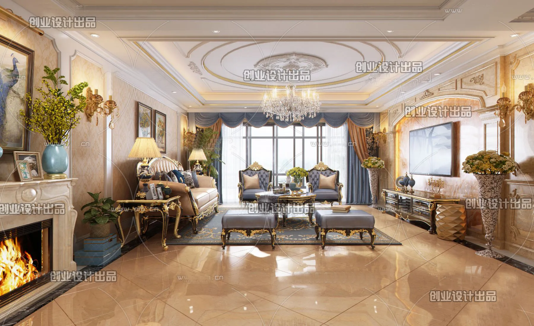 Living Room 3D Interior Scene – European Style – 007