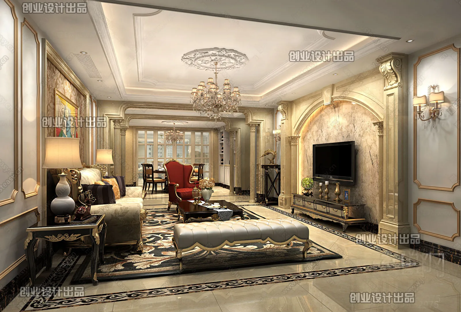 Living Room 3D Interior Scene – European Style – 025