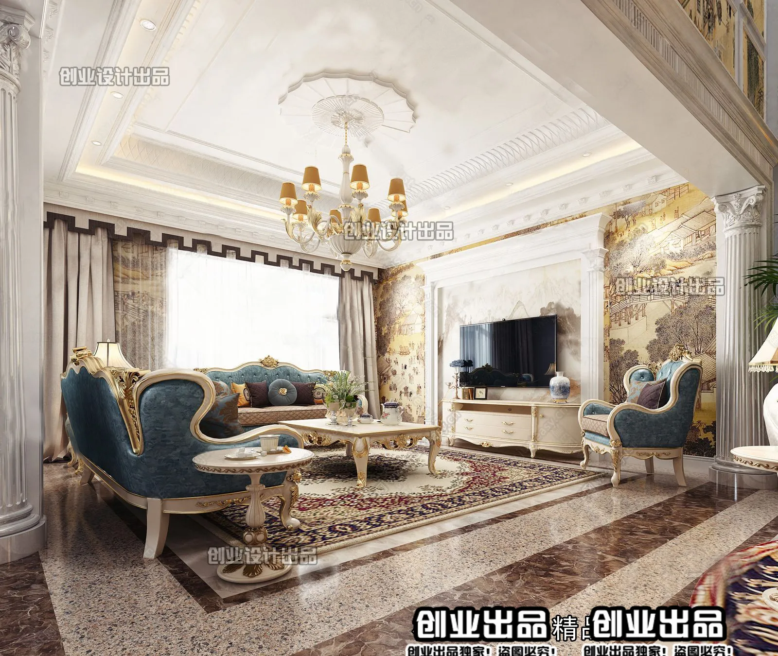 Living Room 3D Interior Scene – European Style – 028