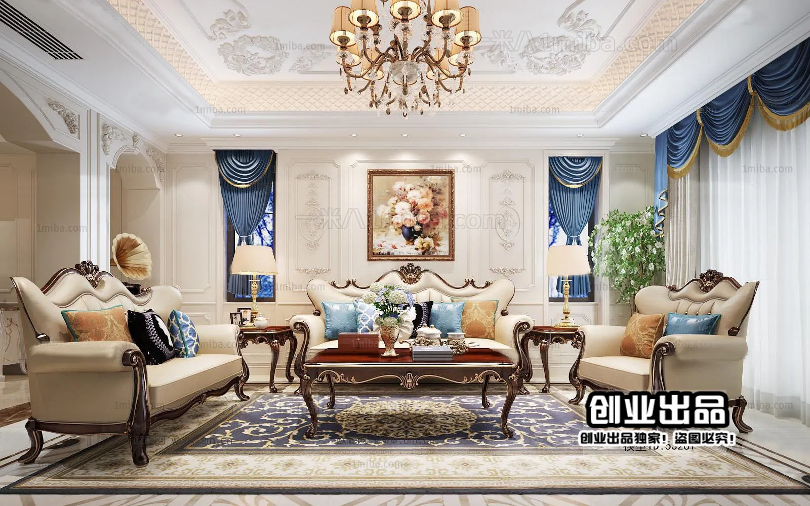 Living Room 3D Interior Scene – European Style – 040