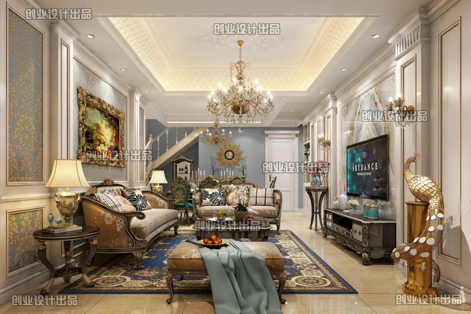 Living Room 3D Interior Scene – European Style – 046