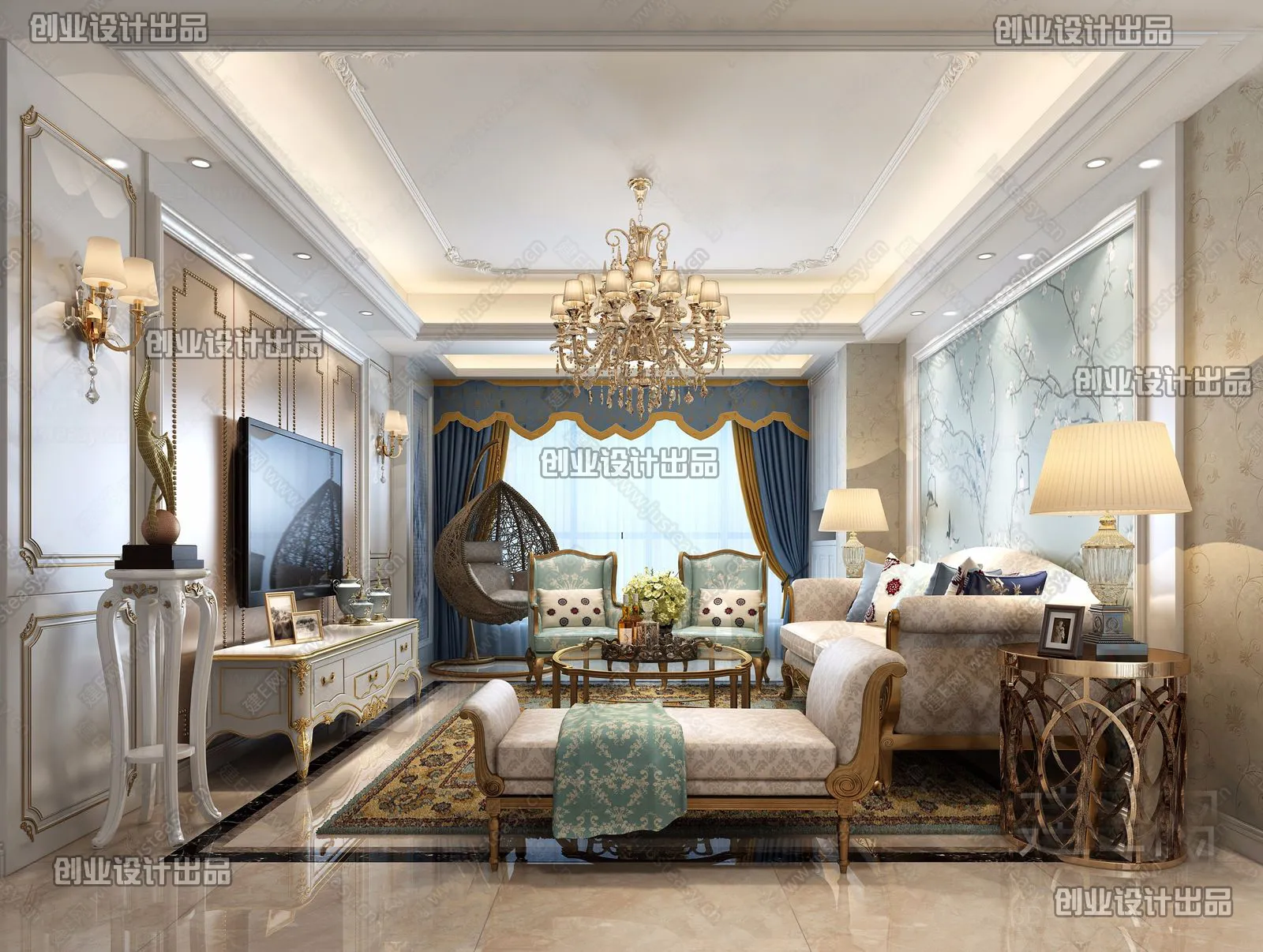 Living Room 3D Interior Scene – European Style – 047