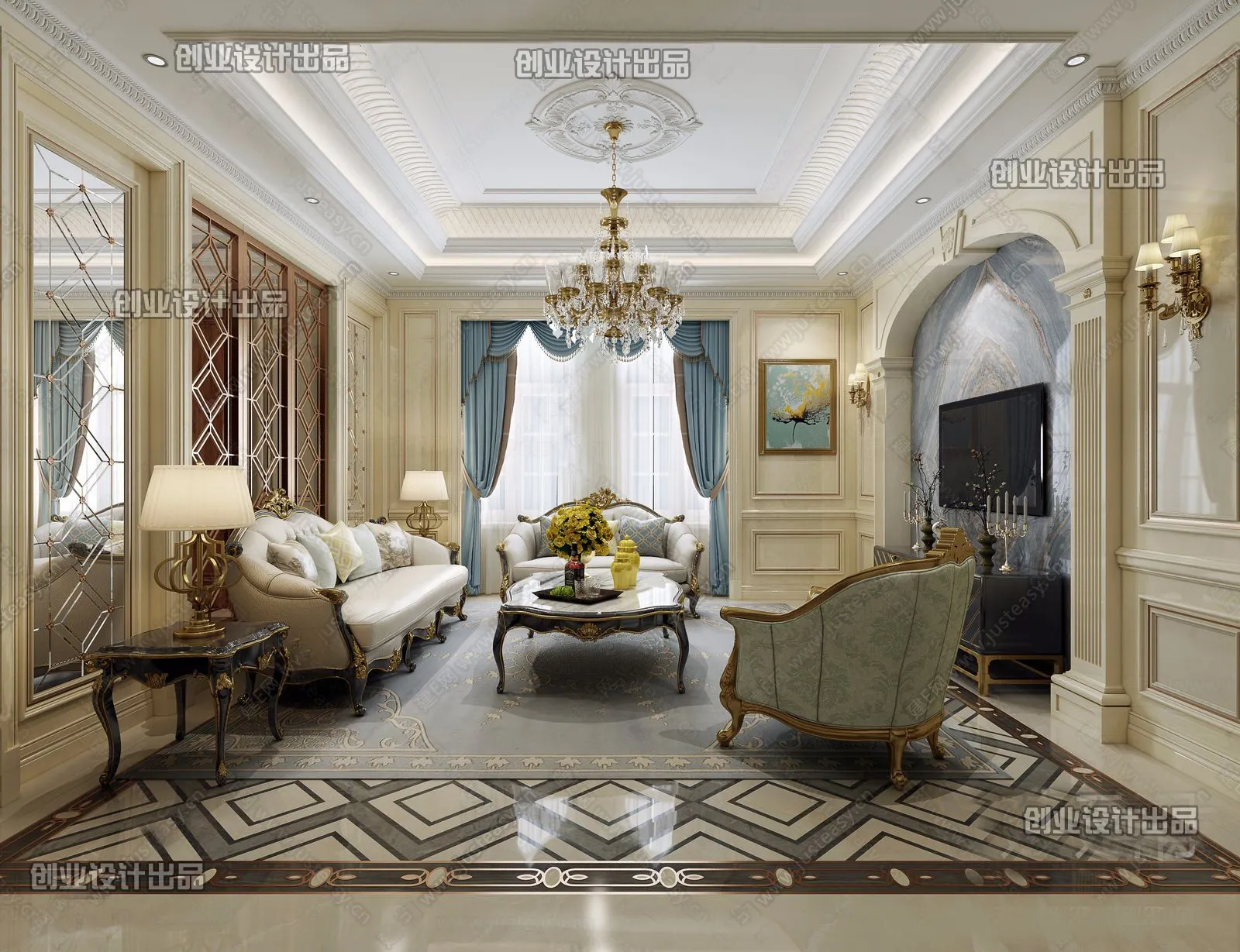 Living Room 3D Interior Scene – European Style – 048