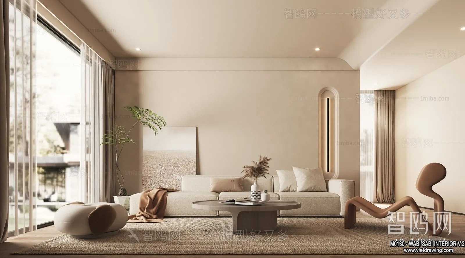 Living Room 3D Interior Scene Model – Wabi Sabi Style – 085