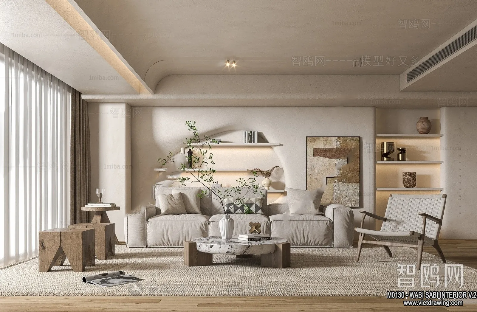 Living Room 3D Interior Scene Model – Wabi Sabi Style – 090