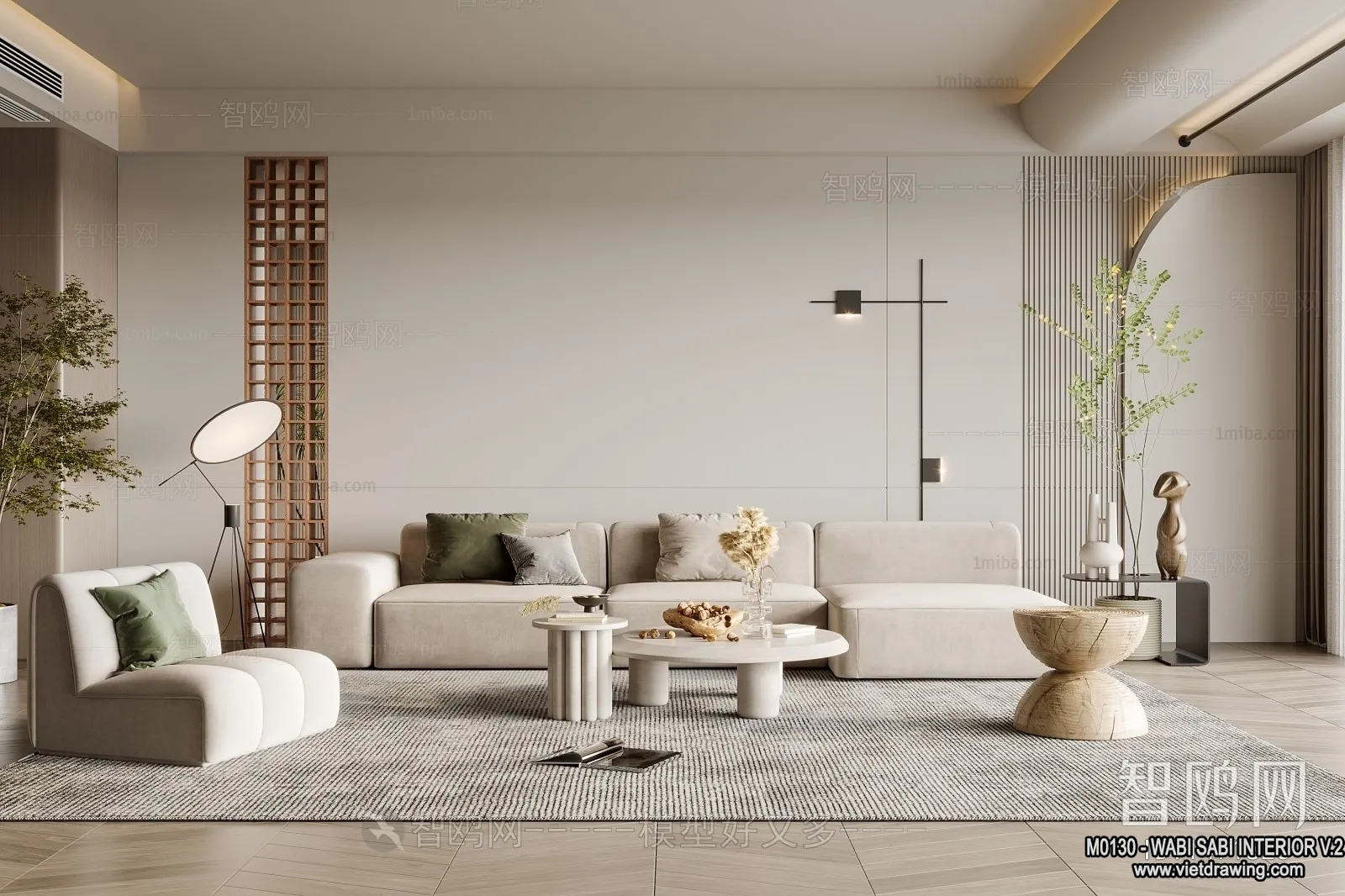 Living Room 3D Interior Scene Model – Wabi Sabi Style – 100