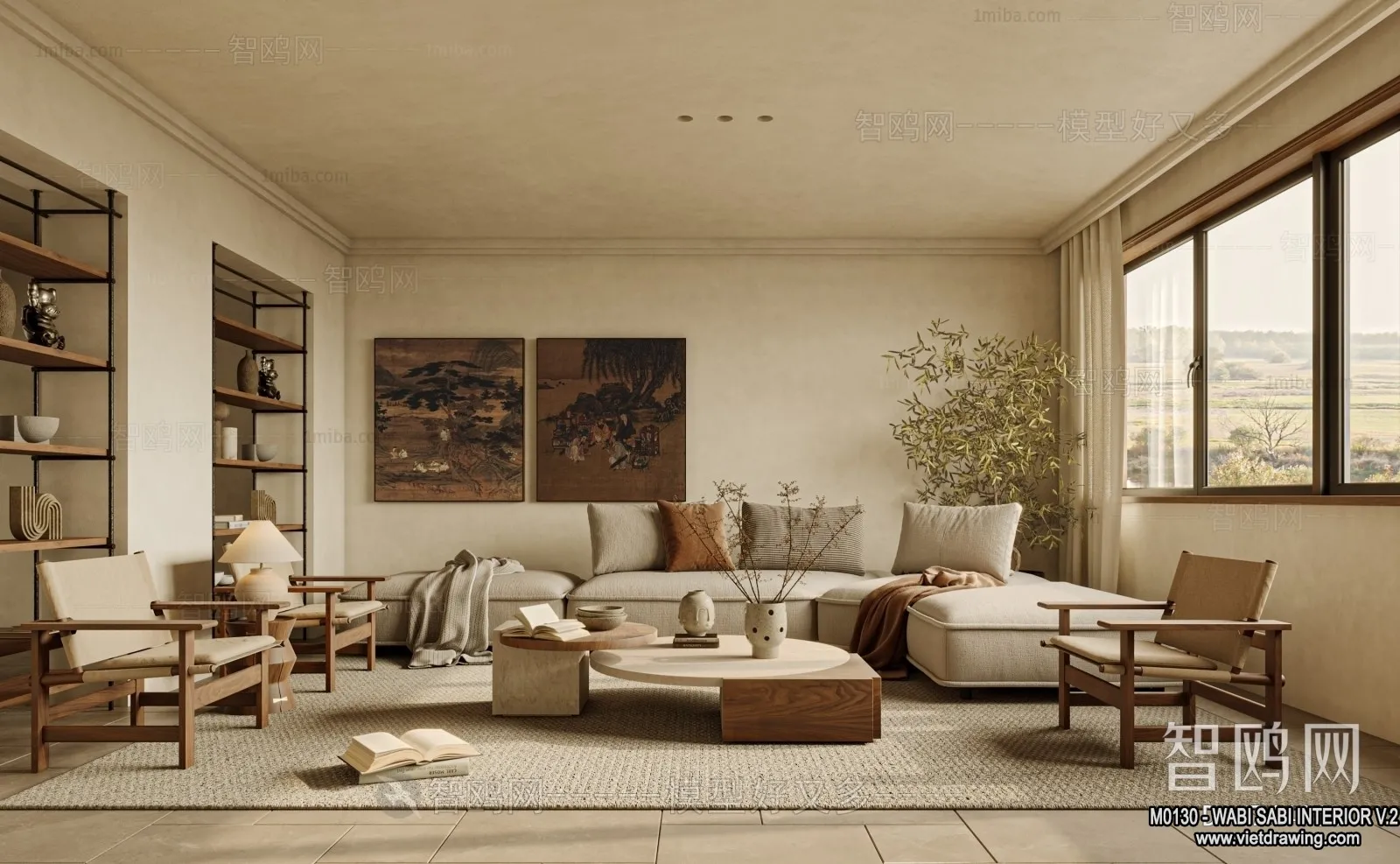 Living Room 3D Interior Scene Model – Wabi Sabi Style – 164