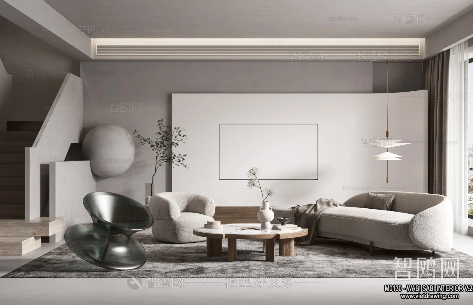 Living Room 3D Interior Scene Model – Wabi Sabi Style – 168