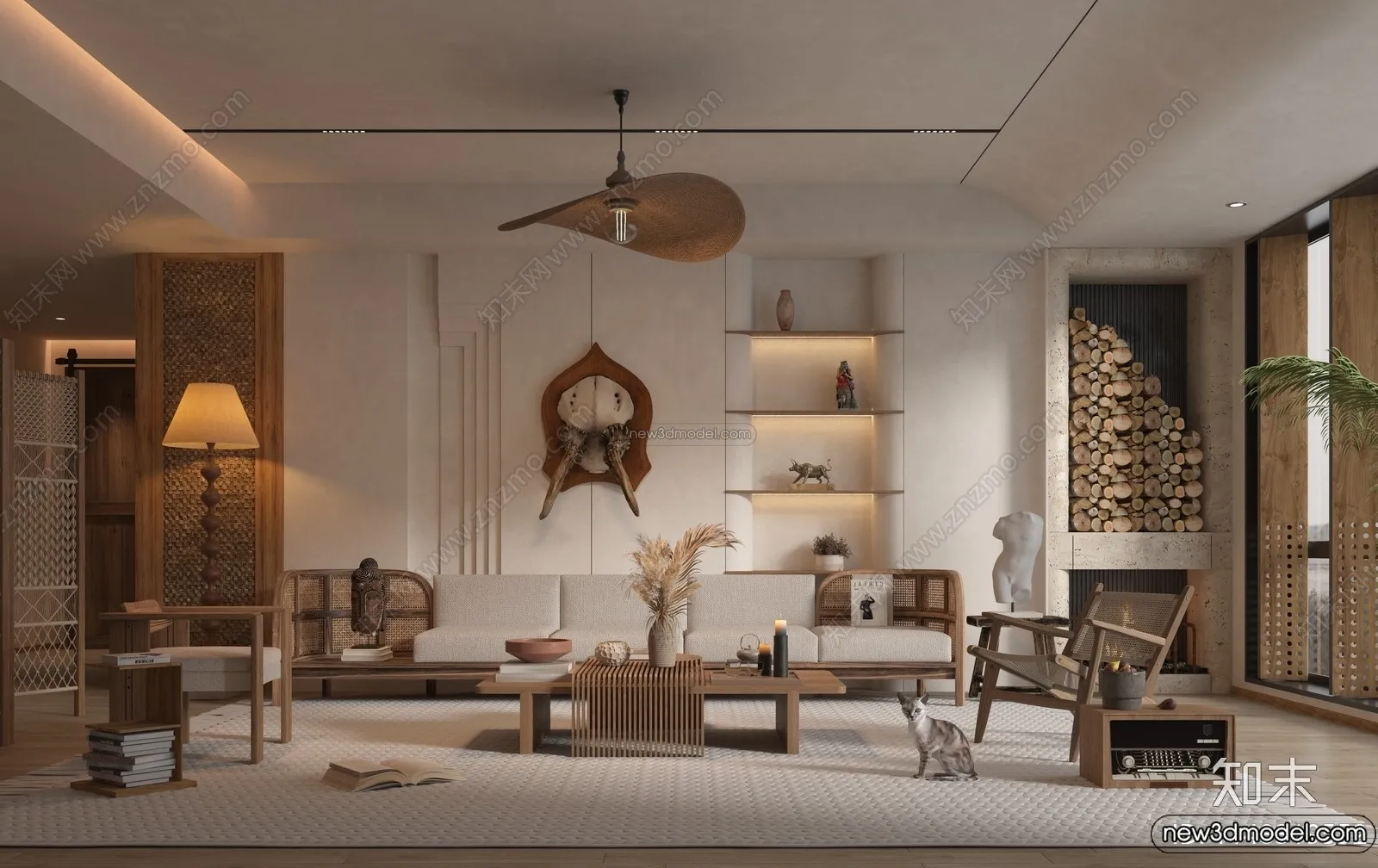 Living Room 3D Interior Scene Model – Wabi Sabi Style – 219