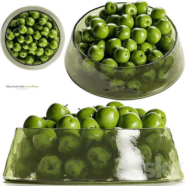 Low Glass Bowl Centerpiece with Green Plums 3DSMax File