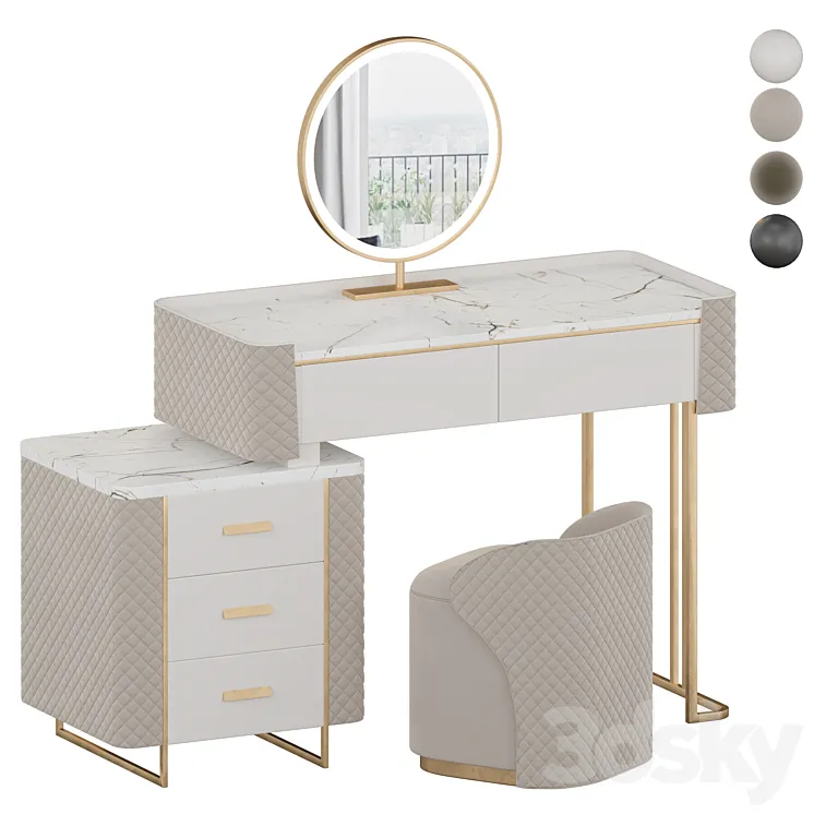 Luxury Makeup Vanity Set with LED Lighted Mirror Side Cabinet and 5 Drawers Modern Sintered Stone Dressing Table with Stool for Bedroom 3DS Max
