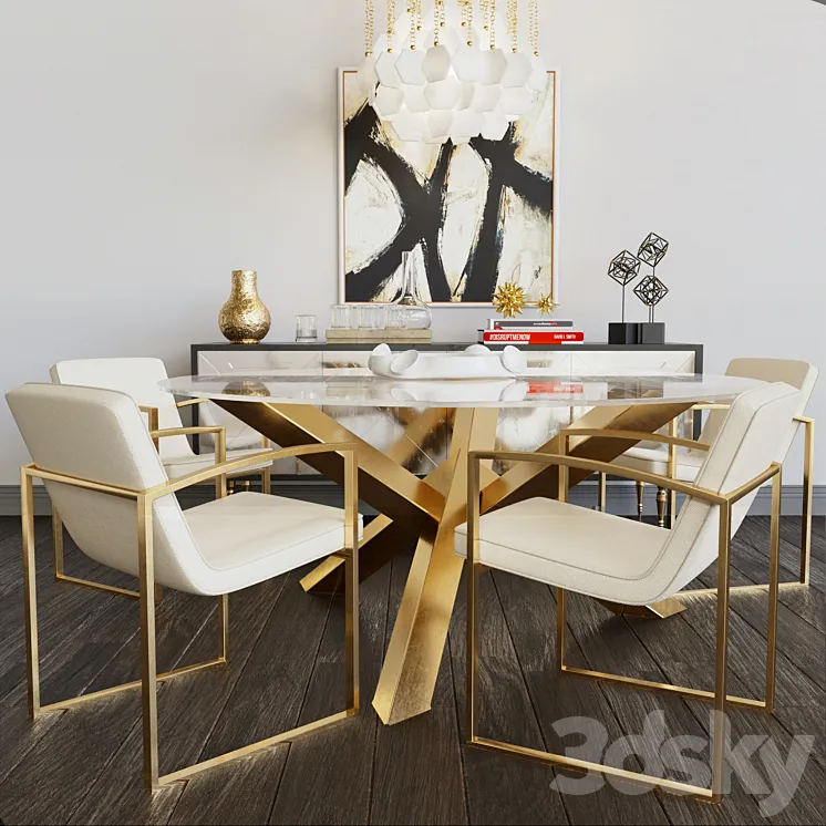 Luxury set of furniture. Collection of table and chairs with elements of gold and glass 3DS Max