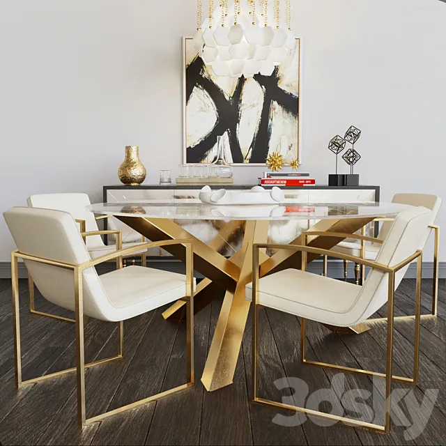 Luxury set of furniture. Collection of table and chairs with elements of gold and glass 3DSMax File