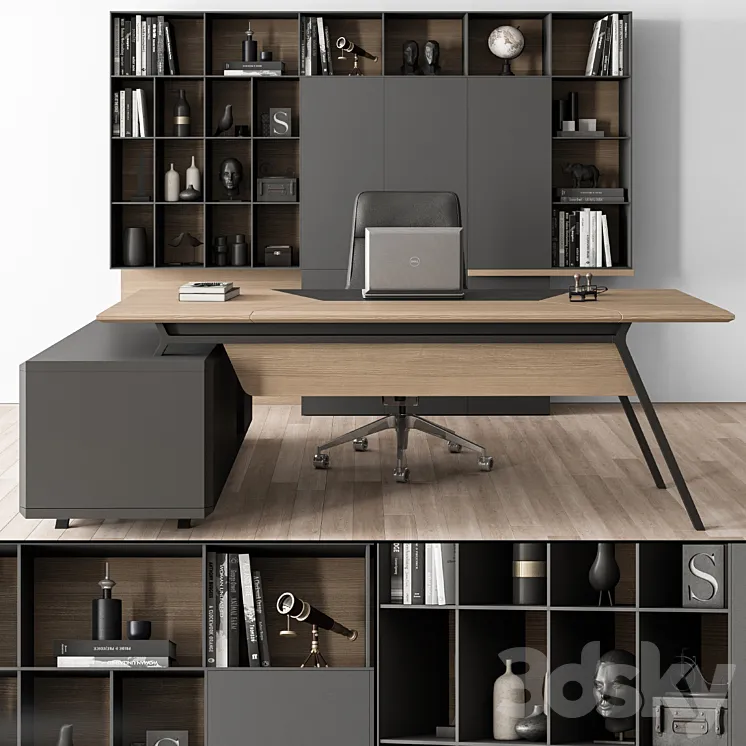 Manager Desk and Library Wood and Black – Office Furniture 266 3DS Max Model