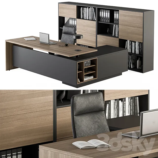 Manager Desk and Library Wood and Black – Office Furniture 273 3ds Max