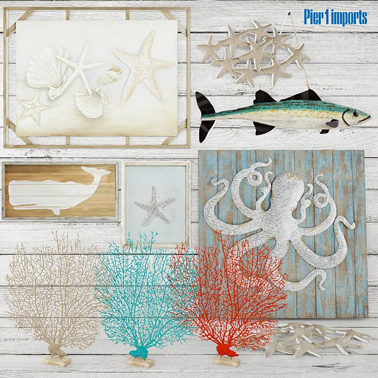 Marine decorative set. pier1 painting marine style decor wall wooden coral octopus 3DS Max