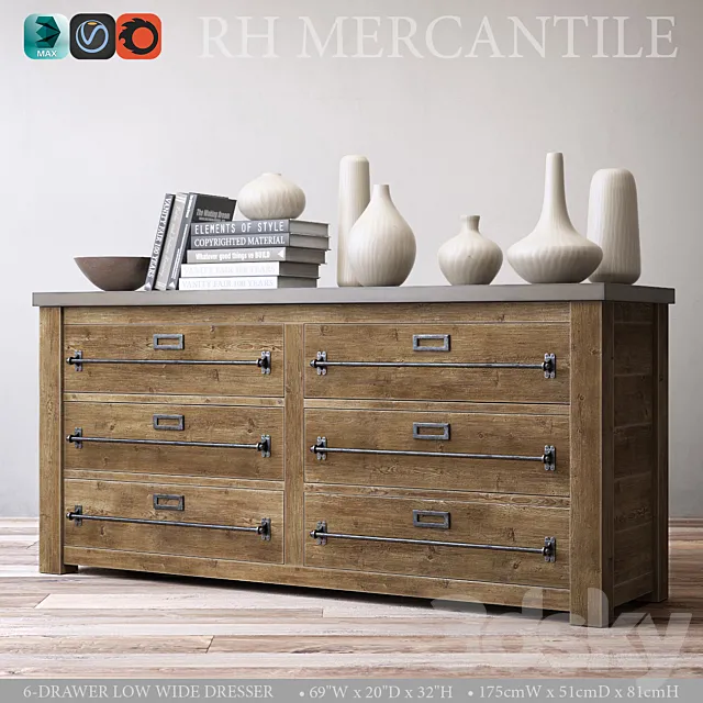 MERCANTILE 6-DRAWER LOW WIDE DRESSER 3ds Max