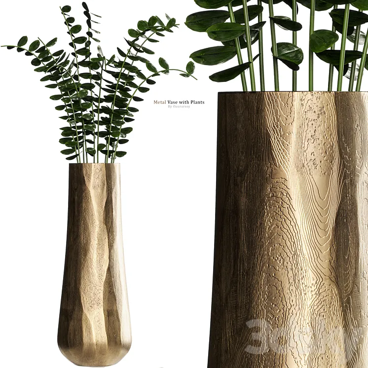 Metal Antiqued Brass Vase with Plant 3DS Max Model