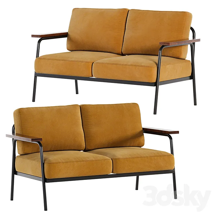 Mid Century Modern Loveseat with 2 Pillows Back and Square Arms 3DS Max