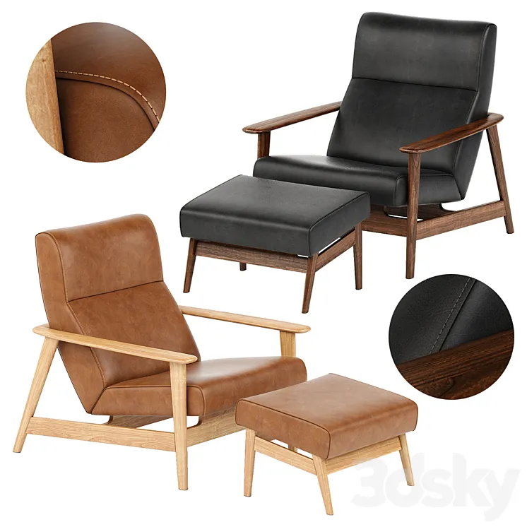 Mid-Century Show Wood Leather Chair and Ottoman 3DS Max Model