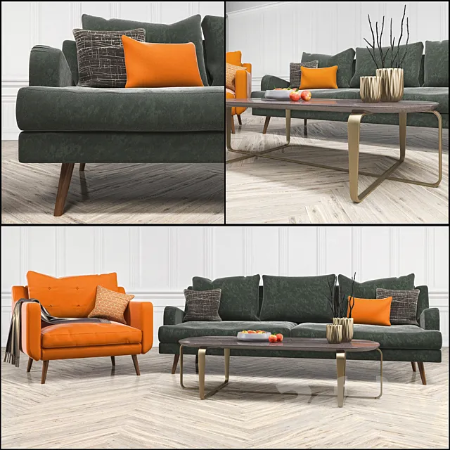 Mid Century Sofa and Chair set # 3 3DS Max Model